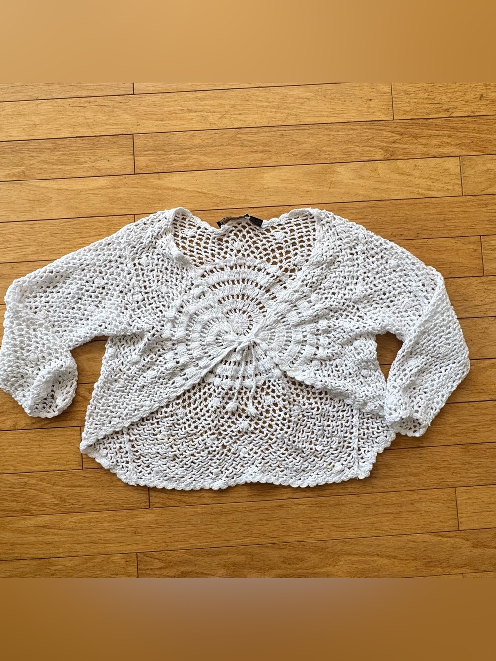 Vintage Boho Crochet Open Knit Bell Sleeve Top White Festival Beach Cover Up